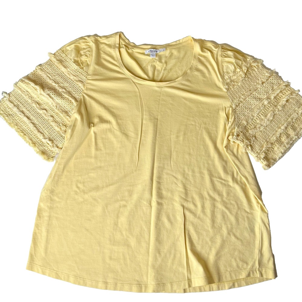 Chico's Butter Yellow Pima Cotton Puff‎ Embroidered Fringe Lace Short Sleeve Top